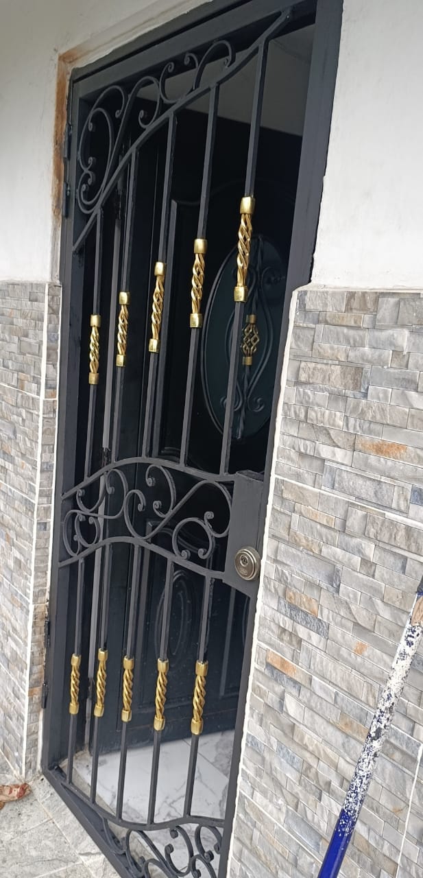 Puerta reja de forja negra con detalles dorados instalada